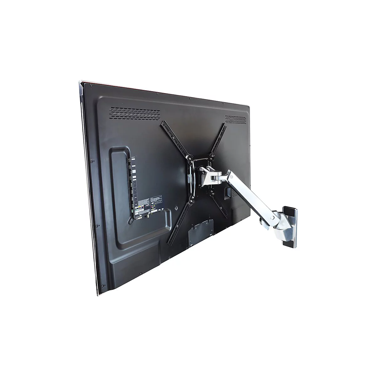 RÃ¼ckseite eines Fernsehers mit Wandhalterung. Schwarzer Bildschirm, metallfarbener Arm, an der Wand befestigt.