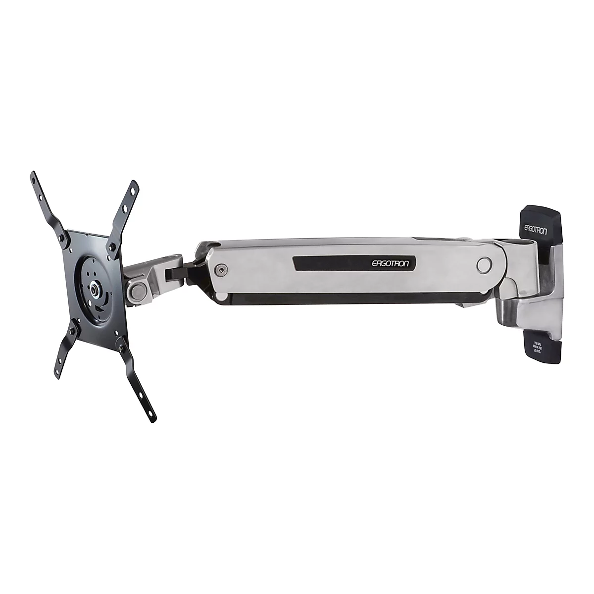 Ein schwenkbarer Monitorarm in Silber und Schwarz auf weißem Hintergrund. Der Arm trägt den Schriftzug "Ergotron".