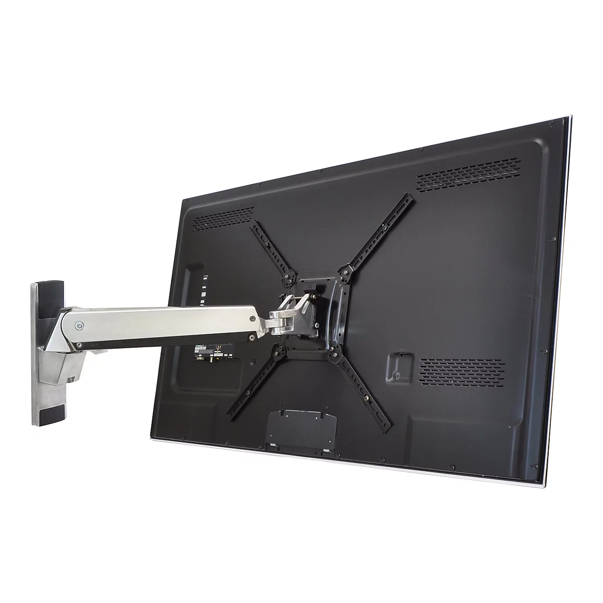 Rückseite eines Fernsehers an einer Wandhalterung. Der Fernseher ist schwarz, die Halterung silberfarben.