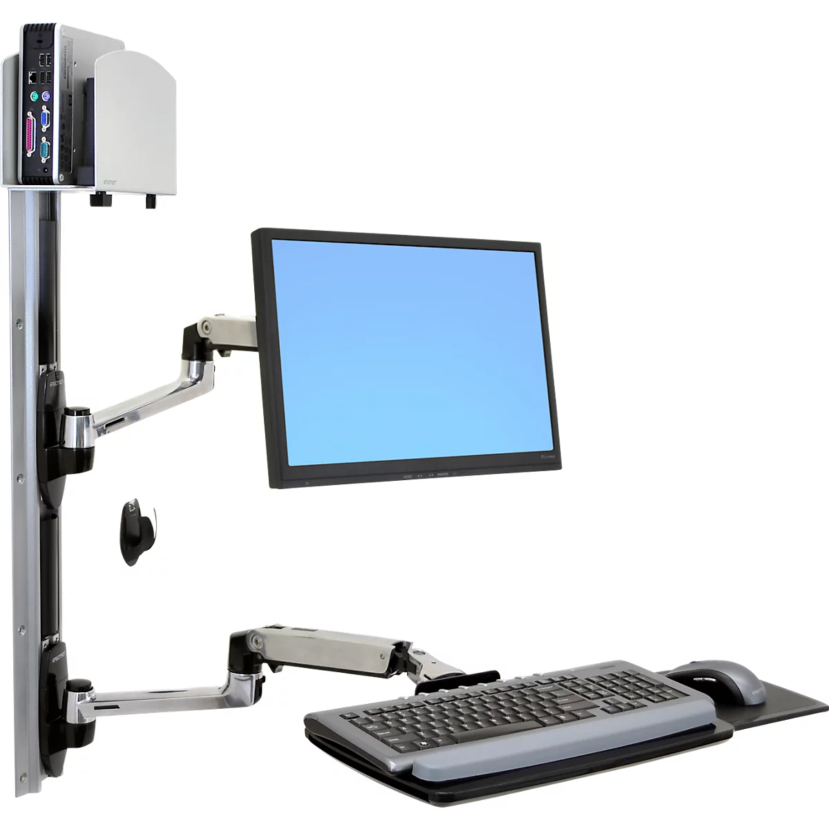 Ergotron LX 45-247-026 zit-sta werkplek, wandmontage, voor 1 beeldscherm tot 32', met toetsenbordlade &amp; medium CPU-houder, in hoogte verstelbaar, kantelbaar, zwenkbaar &amp; kantelbaar, aluminium