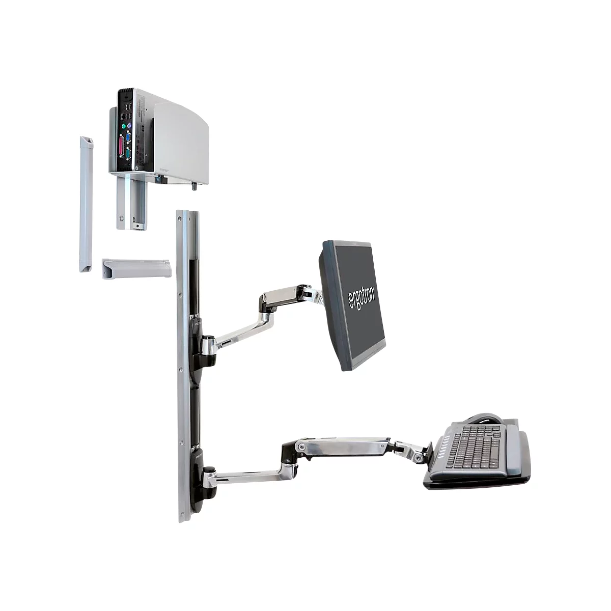 Ergotron LX 45-247-026 zit-sta werkplek, wandmontage, voor 1 beeldscherm tot 32', met toetsenbordlade &amp; medium CPU-houder, in hoogte verstelbaar, kantelbaar, zwenkbaar &amp; kantelbaar, aluminium