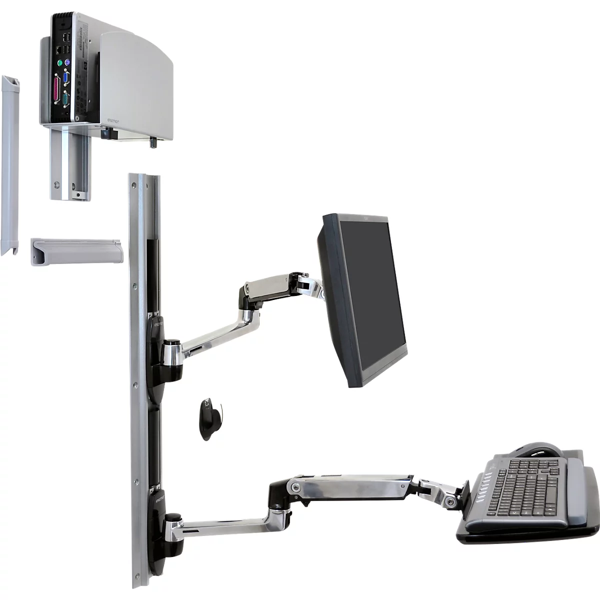 Ergotron LX 45-247-026 zit-sta werkplek, wandmontage, voor 1 beeldscherm tot 32', met toetsenbordlade &amp; medium CPU-houder, in hoogte verstelbaar, kantelbaar, zwenkbaar &amp; kantelbaar, aluminium