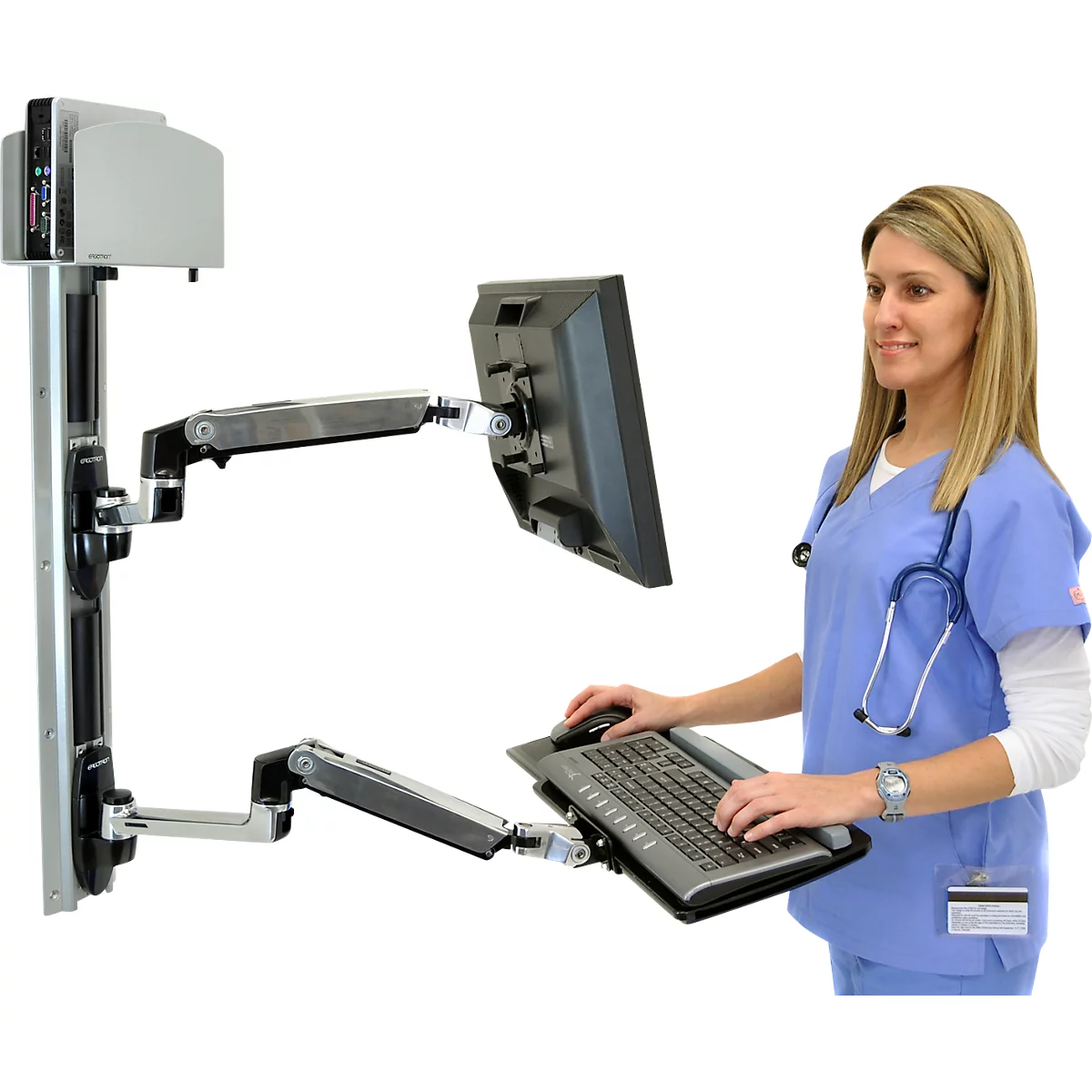 Ergotron LX 45-247-026 zit-sta werkplek, wandmontage, voor 1 beeldscherm tot 32', met toetsenbordlade &amp; medium CPU-houder, in hoogte verstelbaar, kantelbaar, zwenkbaar &amp; kantelbaar, aluminium