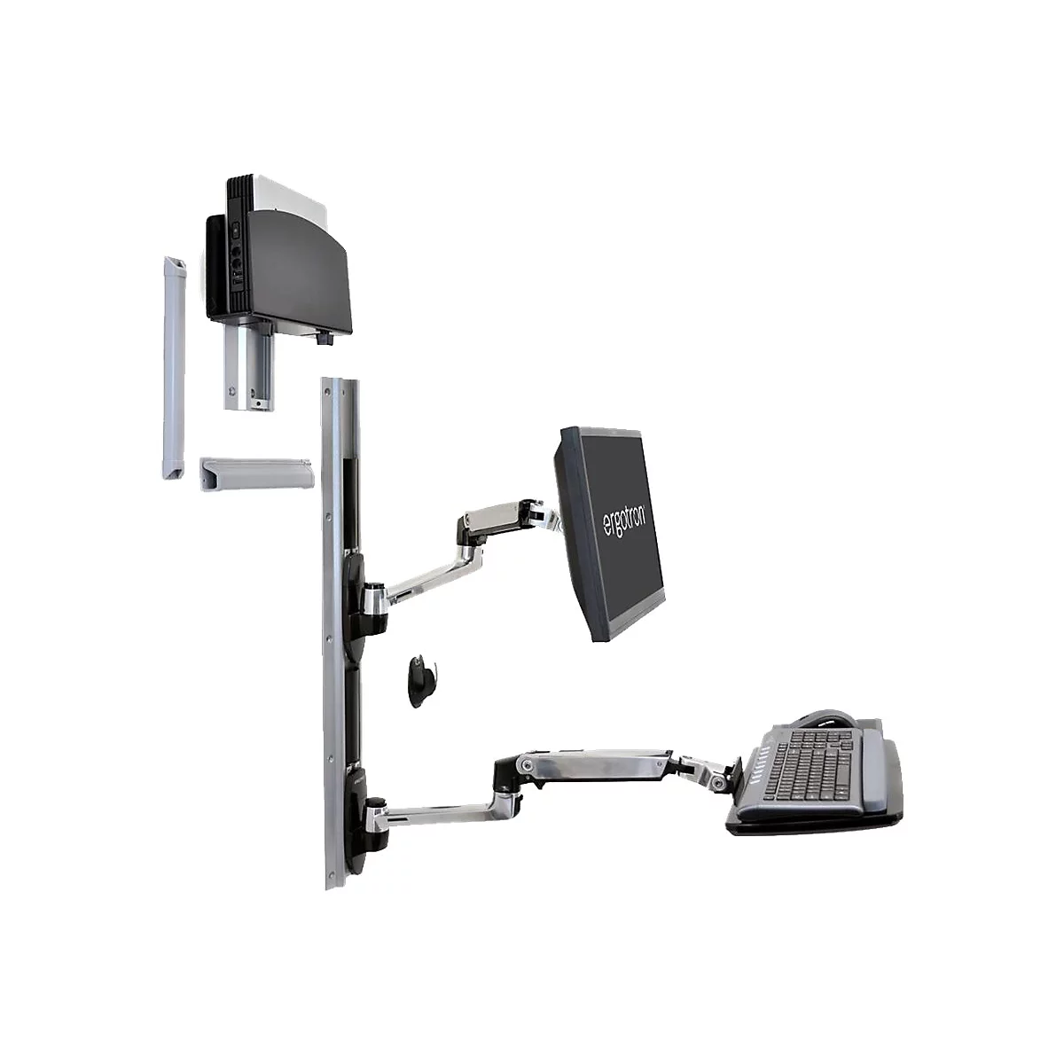 Wandhalterung für Computer-Zubehör, einschließlich Monitor, Tastatur und CPU. Der Monitor zeigt den Schriftzug "ergotron".