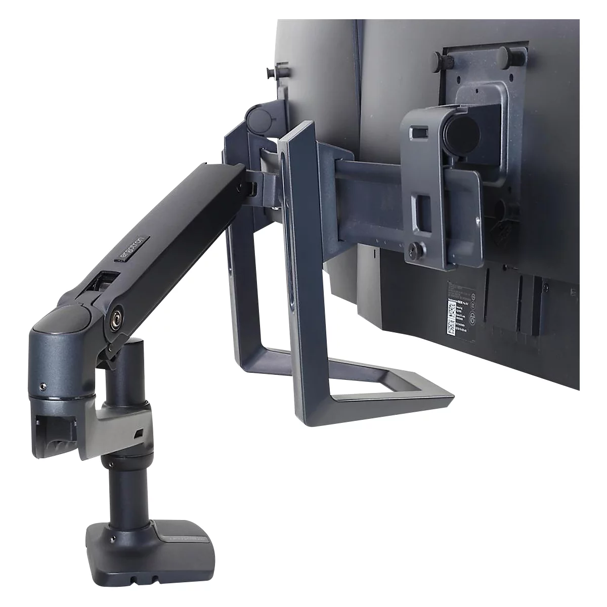 Schwarze Monitorhalterung. Das Design ist mit einem beweglichen Arm und einer Basis ausgestattet.