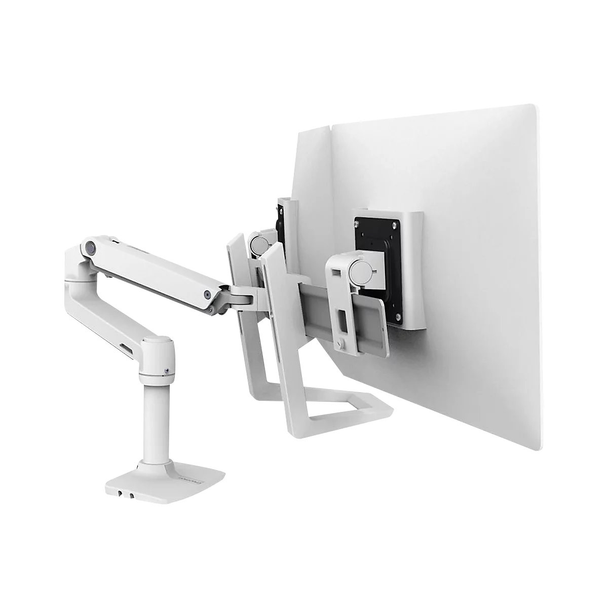Weißer Monitorarm mit Monitor, vor weißem Hintergrund. Der Arm hat mehrere Gelenke.
