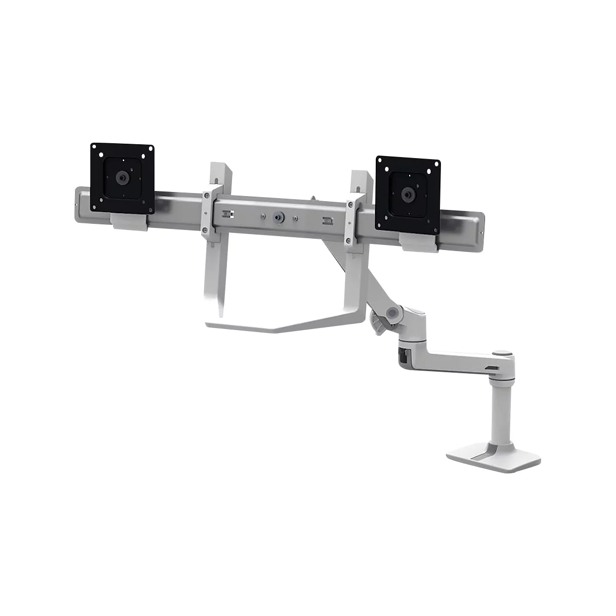 Ein weiß-grauer Doppelmonitor-Halter, montiert auf einem Sockel. Er hat zwei Arme mit schwarzen Platten zur Befestigung von Bildschirmen.
