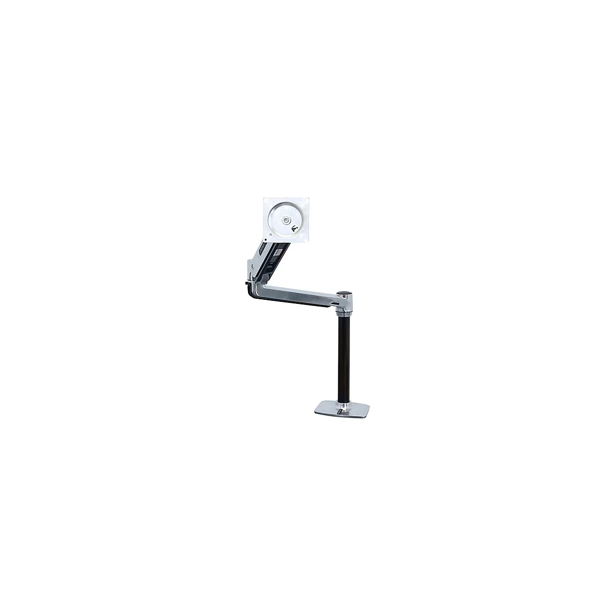 Monitorhalterung aus Metall, silber und schwarz. Sie hat einen StandfuÃŸ, einen Arm und eine Halterung fÃ¼r den Monitor.