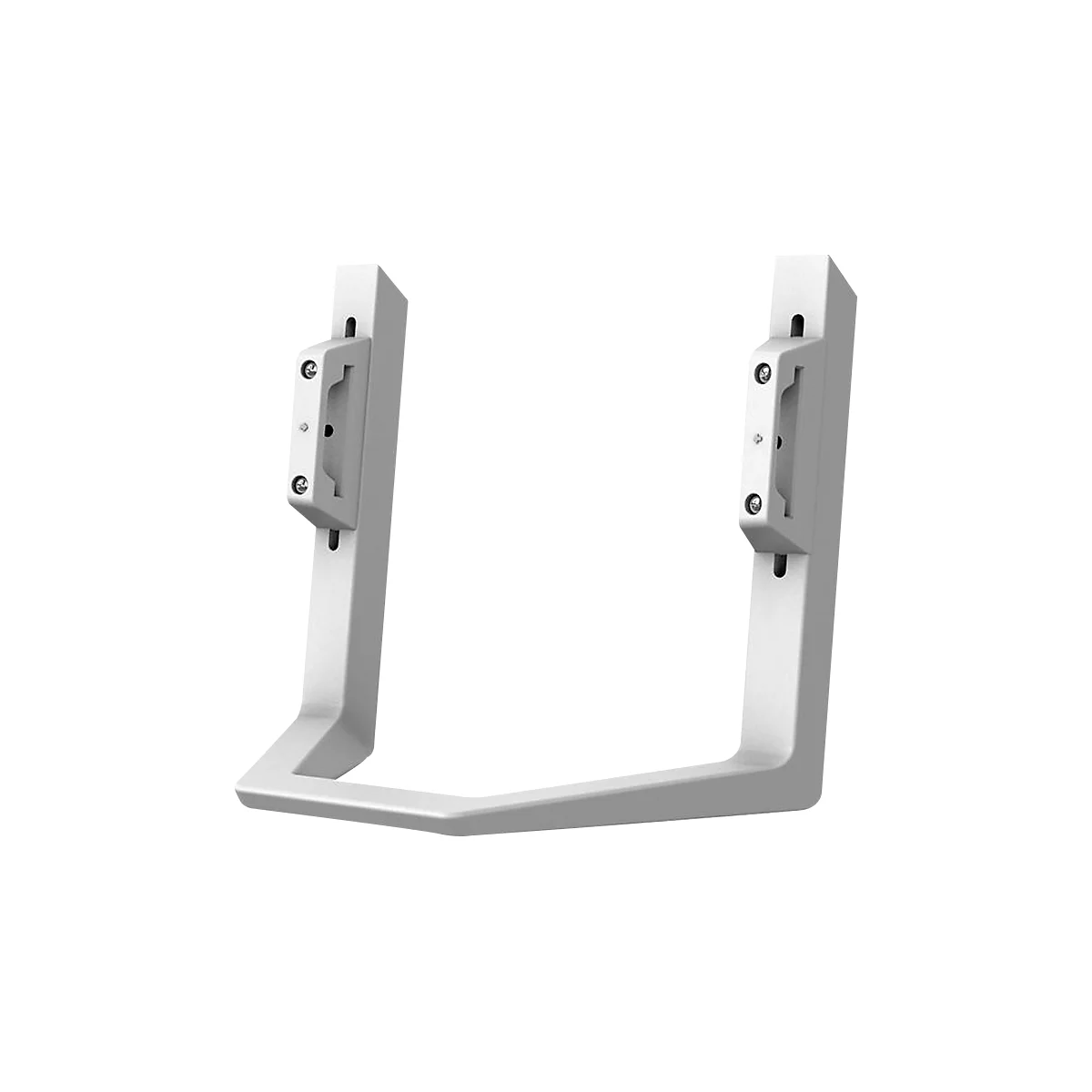 Support mural blanc pour enceintes avec plaques de montage vissables.