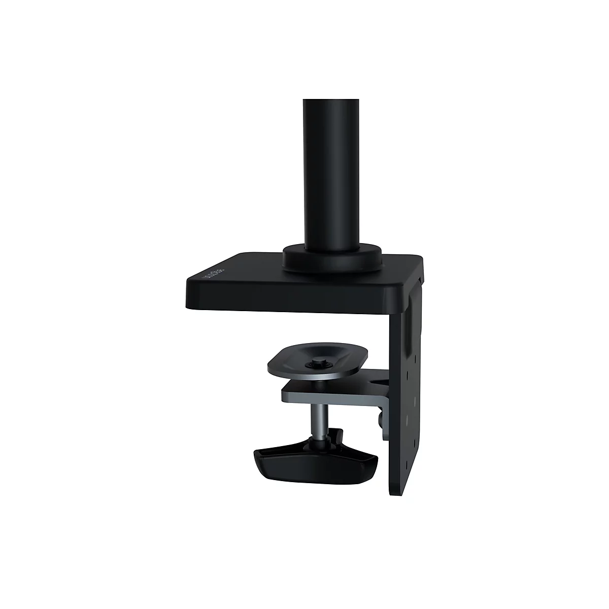 Schwarze Monitorhalterung, die an einem Tisch befestigt wird. Sie hat einen vertikalen Mast, einen Klemmmechanismus und eine Halterung.