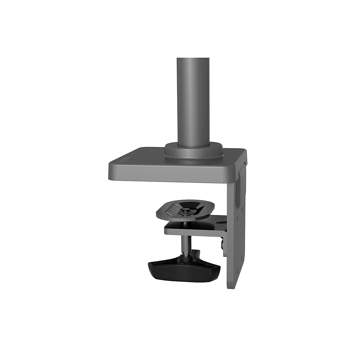 Grauer Monitorhalterung mit Klemme und Säule. Schwarze Kunststoffteile, quadratische Basis und Stange.