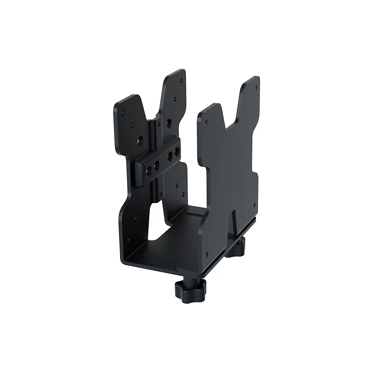 Schwarze Halterung für elektronische Geräte mit Schrauben und Löchern vor weißem Hintergrund.