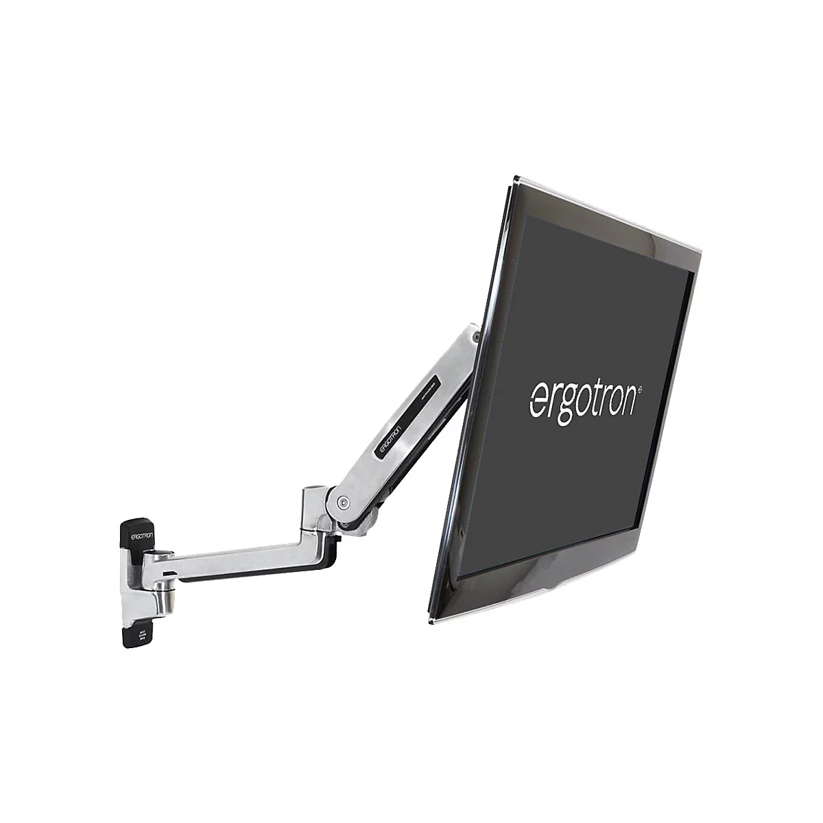 Un écran gris avec le texte "ergotron" fixé à un support. Le support est également gris et fixé au mur.