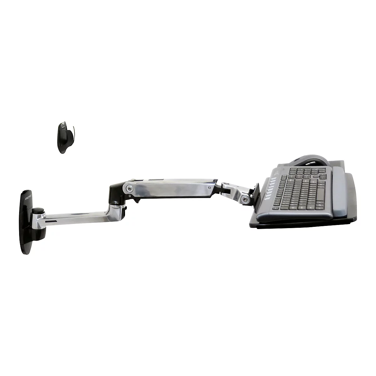 Système téléphonique gris avec clavier, monté sur un bras articulé argenté, lui-même monté sur le mur.