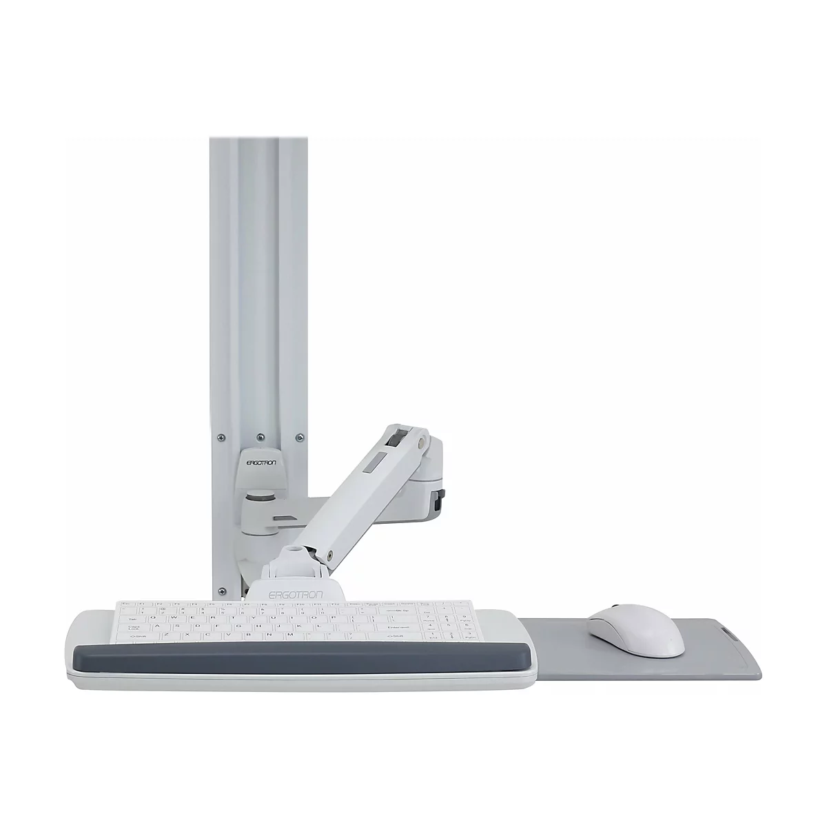 Schreibtisch-Halterung mit Tastatur und Maus. Die Halterung, die Tastatur und die Maus sind weiß. Die Halterung hat den Schriftzug "ERGOTRON".