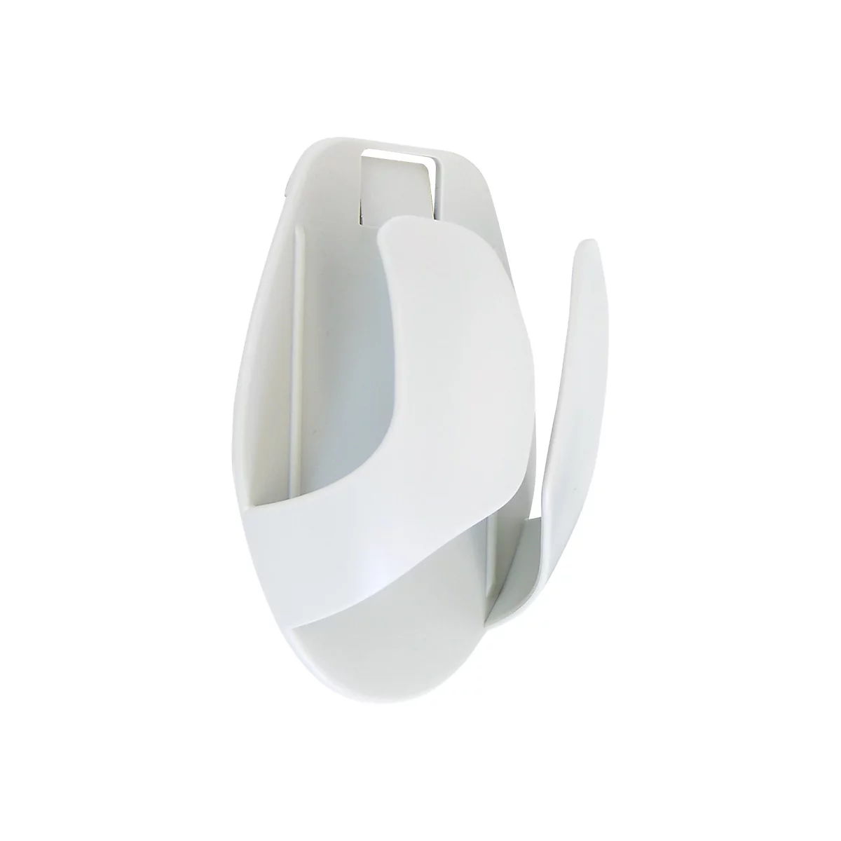 Ein weißer, gebogener Wandhaken mit einem vertikalen Schlitz für Gegenstände.