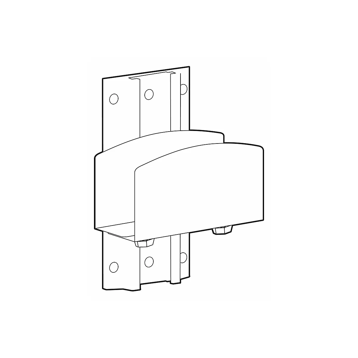 Schwarz-weiße Zeichnung eines Wandhalters für eine Stange, bestehend aus mehreren winkligen Metallteilen mit Schrauben.