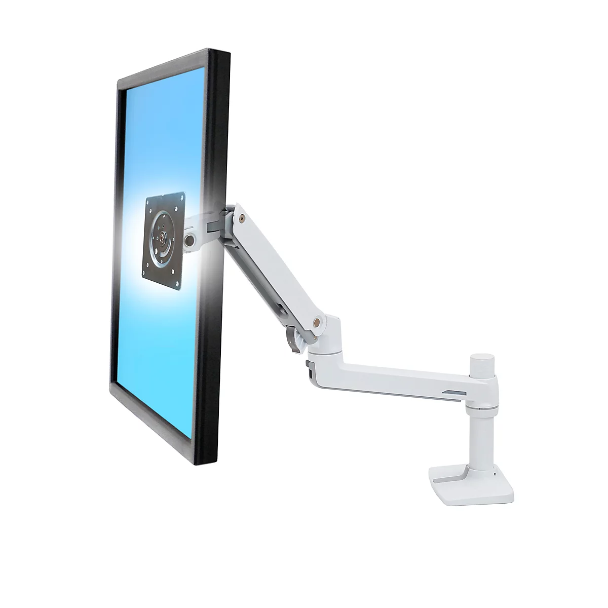 A white monitor arm holds a screen. The screen shows a blue background.