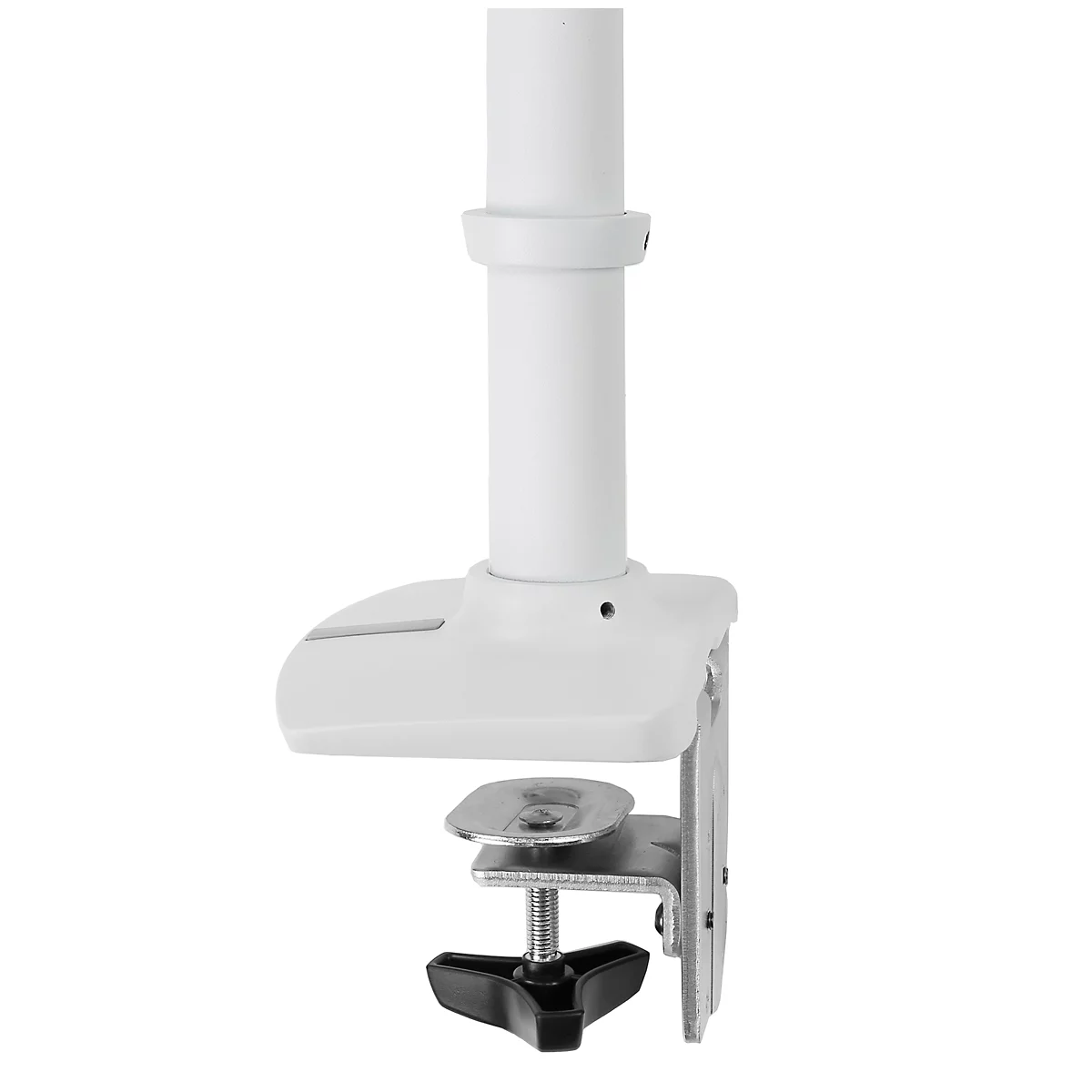 White monitor arm with clamping device, bracket, and adjustable star knob.