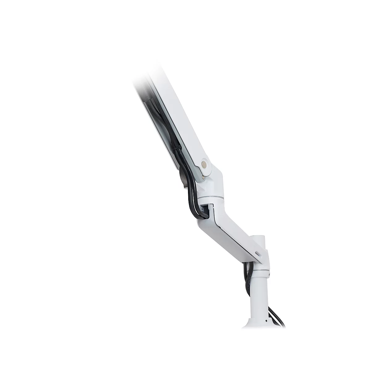 White monitor arm holding cables in black casing.