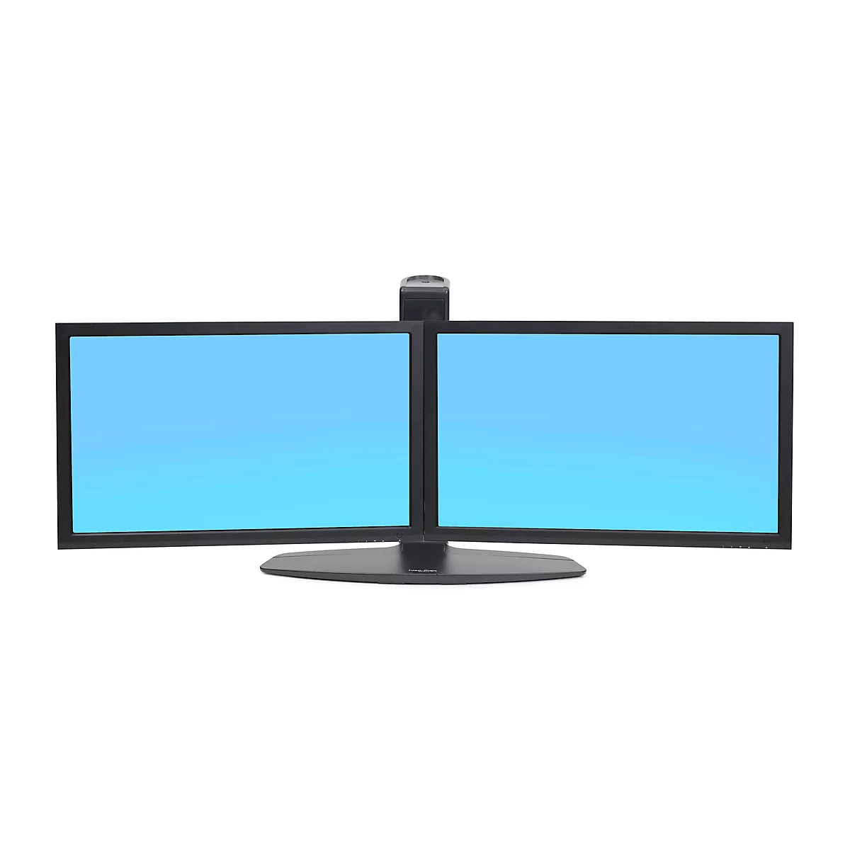 Dual monitor on white background. Blue screens, black frame, central stand.