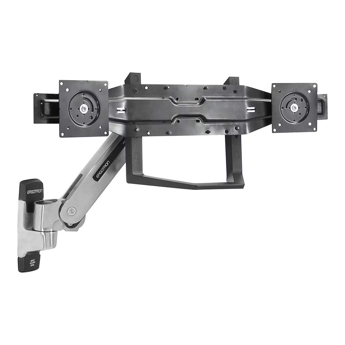 Schwarz-silberne Monitorhalterung. Auf weißem Hintergrund, bestehend aus Haltearmen, Platten und einem Träger. Schriftzug: ERGOTRON.
