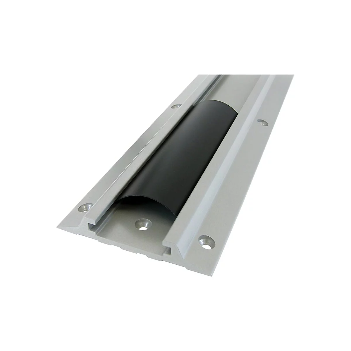 Ein silberfarbenes Aluminiumprofil mit einer schwarzen Gummidichtung. An den Seiten sind LÃ¶cher fÃ¼r Schrauben.