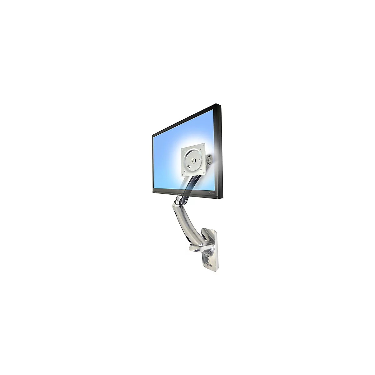 Monitor mit Wandhalterung, silberfarben. Der Bildschirm zeigt einen blauen Himmel.