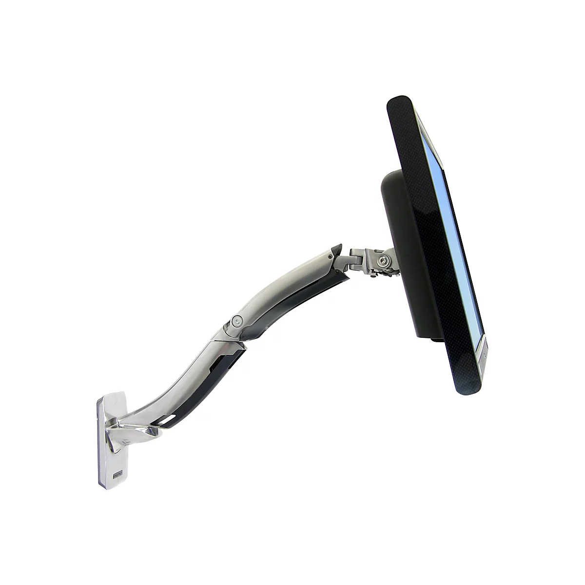 Un moniteur sur un bras articulé fixé à un support mural. Le moniteur a un cadre noir et le bras est argenté.