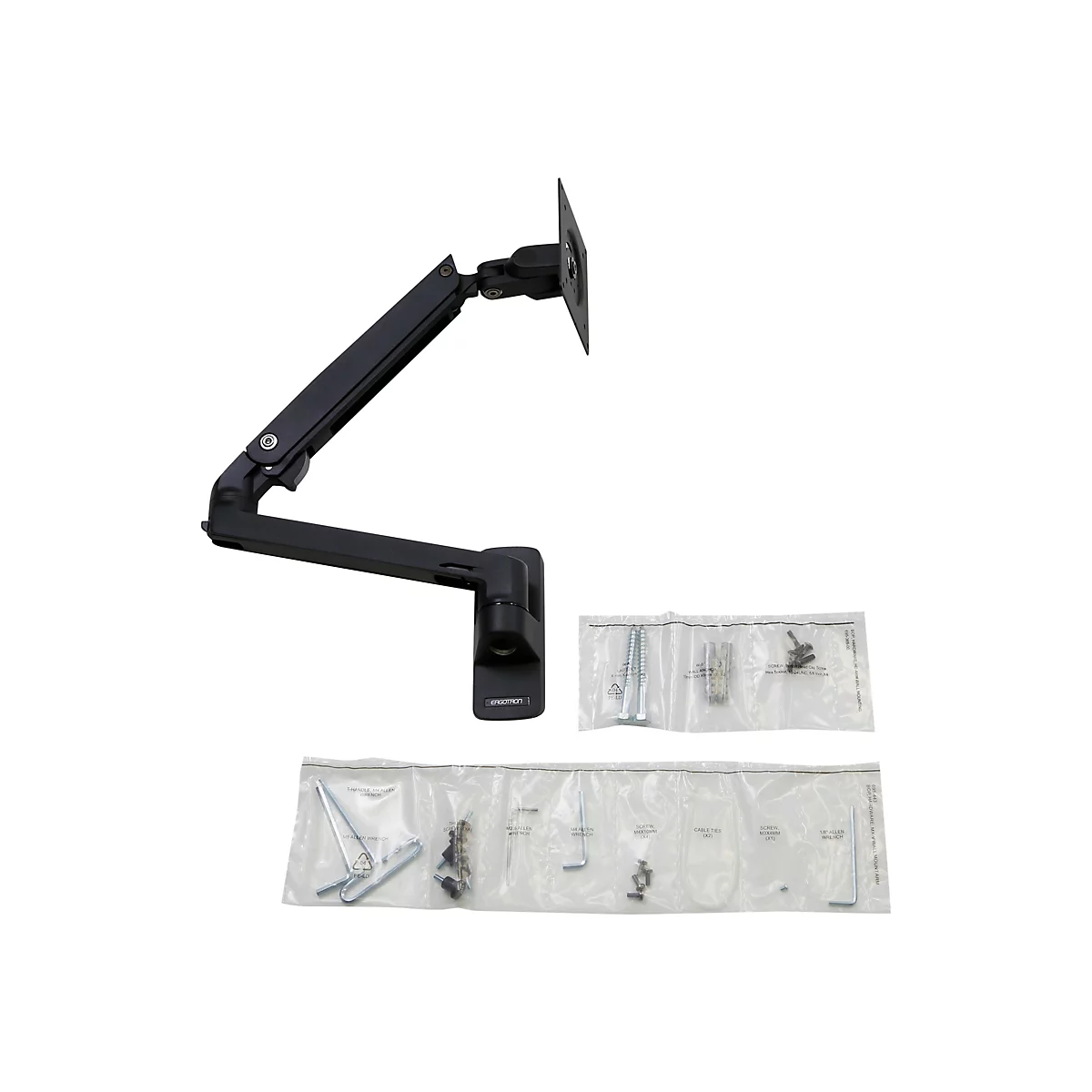 Schwarzer Monitorarm und Zubehör verpackt in Plastiktüten auf weißem Hintergrund.