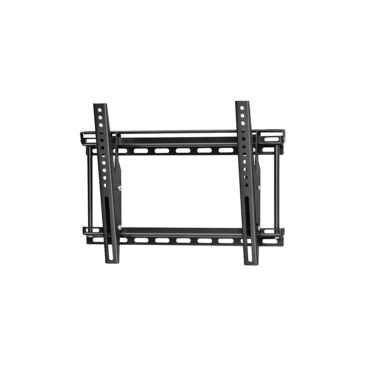 Schwarze TV-Wandhalterung, bestehend aus horizontalen und vertikalen Metallstreben mit Lochreihen.