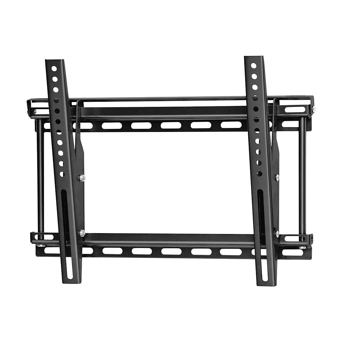 Schwarze TV-Halterung mit Schrauben und Löchern, vor weißem Hintergrund.