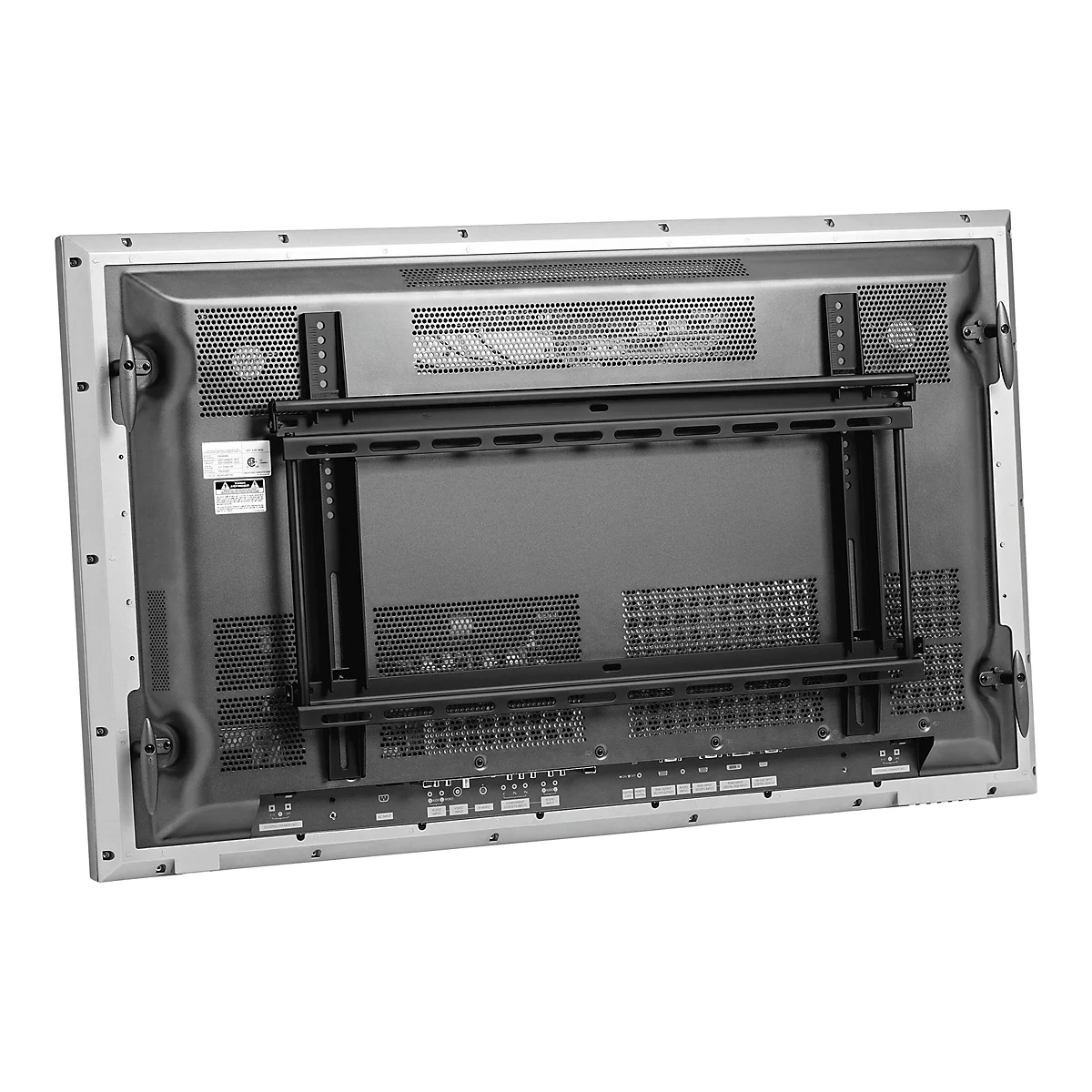 Rückseite eines Flachbildfernsehers. Schwarze Lüftungsschlitze, Befestigungsvorrichtung für die Wandmontage und Anschlüsse unten.