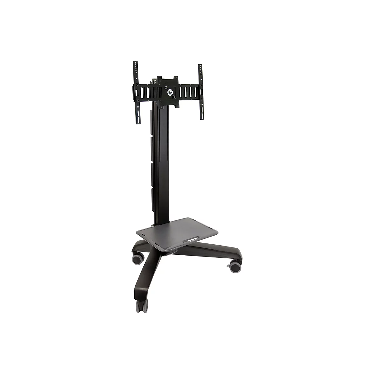 Ein schwarzer, rollbarer TV-Ständer, der vor weißem Hintergrund steht. Er hat eine rechteckige Ablage und ist für Flachbildschirme geeignet.