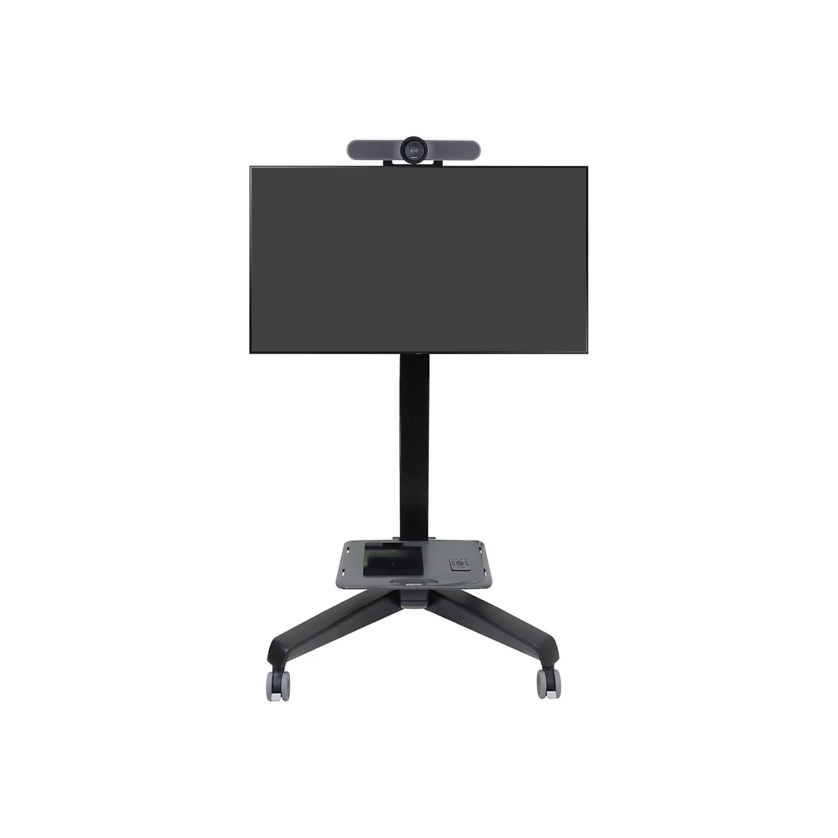 Écran noir sur un chariot roulant avec une webcam.