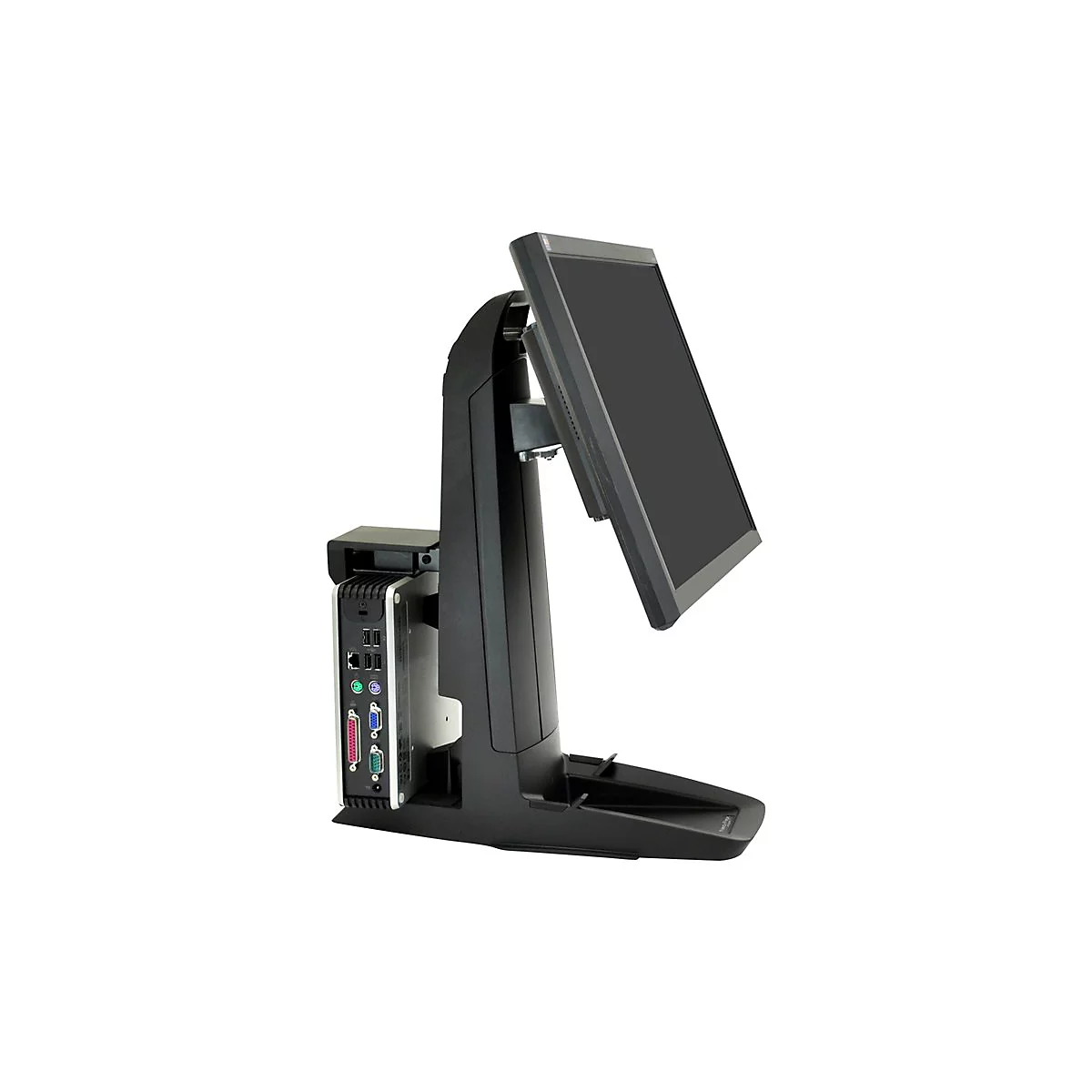 Schwarzer POS-Computer mit angebrachtem Bildschirm, der schrÃ¤g nach oben zeigt. Auf weiÃŸem Hintergrund.