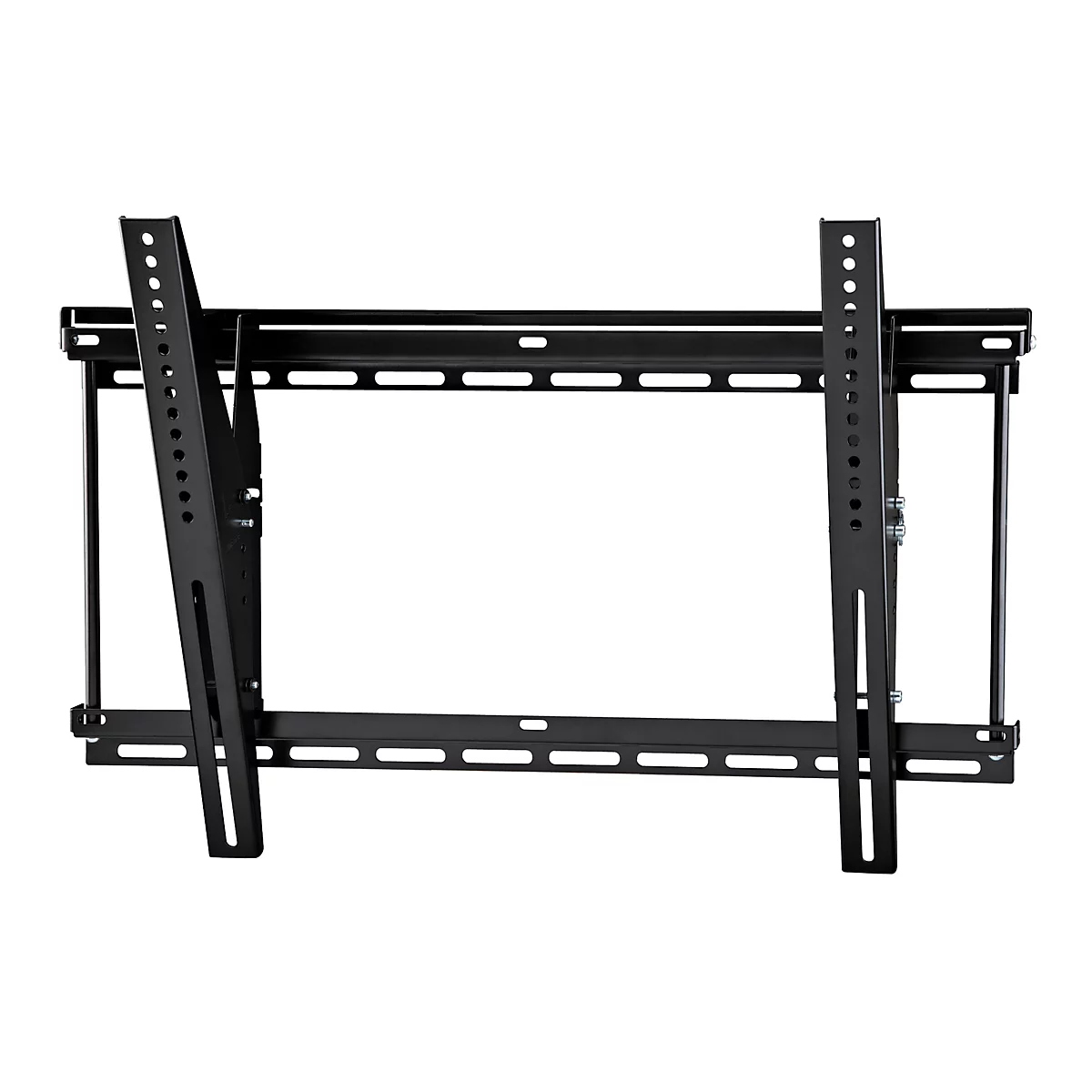 Schwarze TV-Wandhalterung vor weißem Hintergrund. Die Halterung besteht aus Metallstreben und hat eine rechteckige Form mit vielen Löchern zur Befestigung.