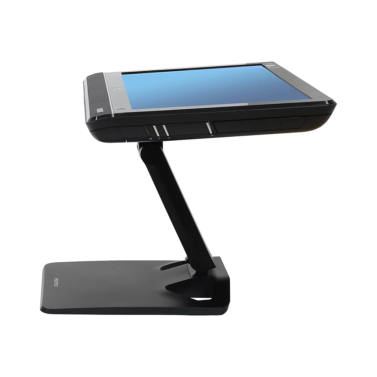 Ein schwarzes, höhenverstellbares Lesegerät mit blauem Bildschirm. Der Ständer und der Bildschirm sind über einen vertikalen Arm verbunden, auf dem der Bildschirm montiert ist.