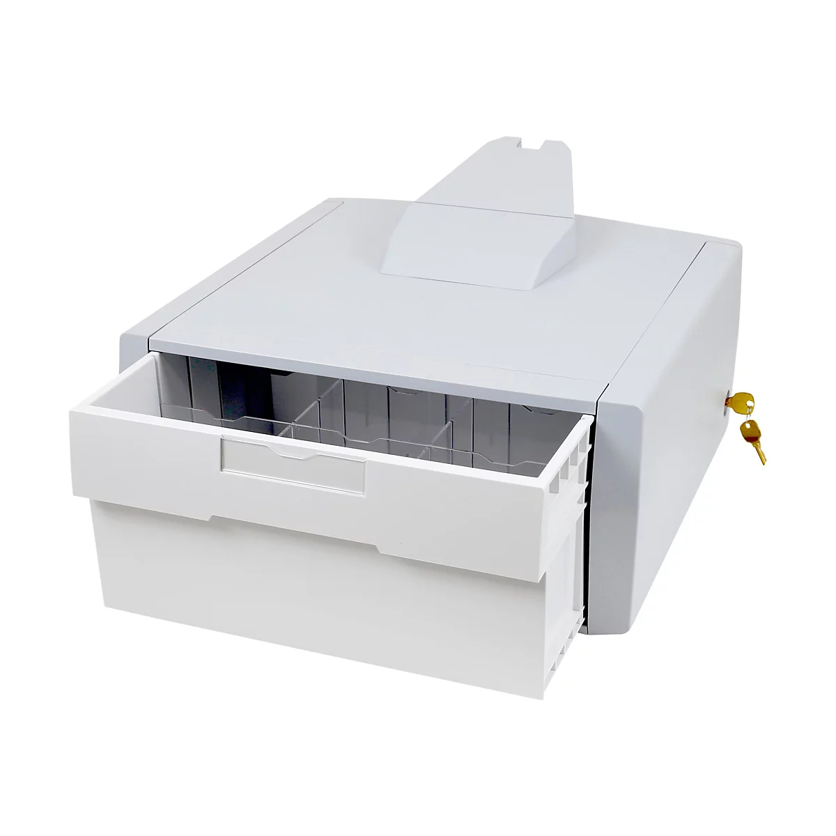 Grauer, offener Tresor mit Schlüssel. Die Schublade ist offen, und zeigt Aufteilungen.