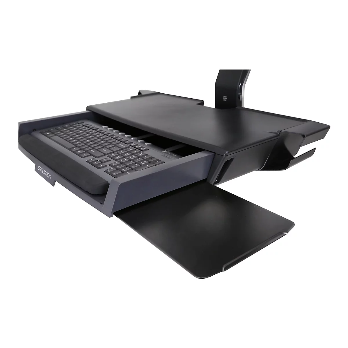 Ein schwarzes Keyboard-Tablett mit integrierter Handballenauflage, Ergotron-Logo. Auf weißem Hintergrund.