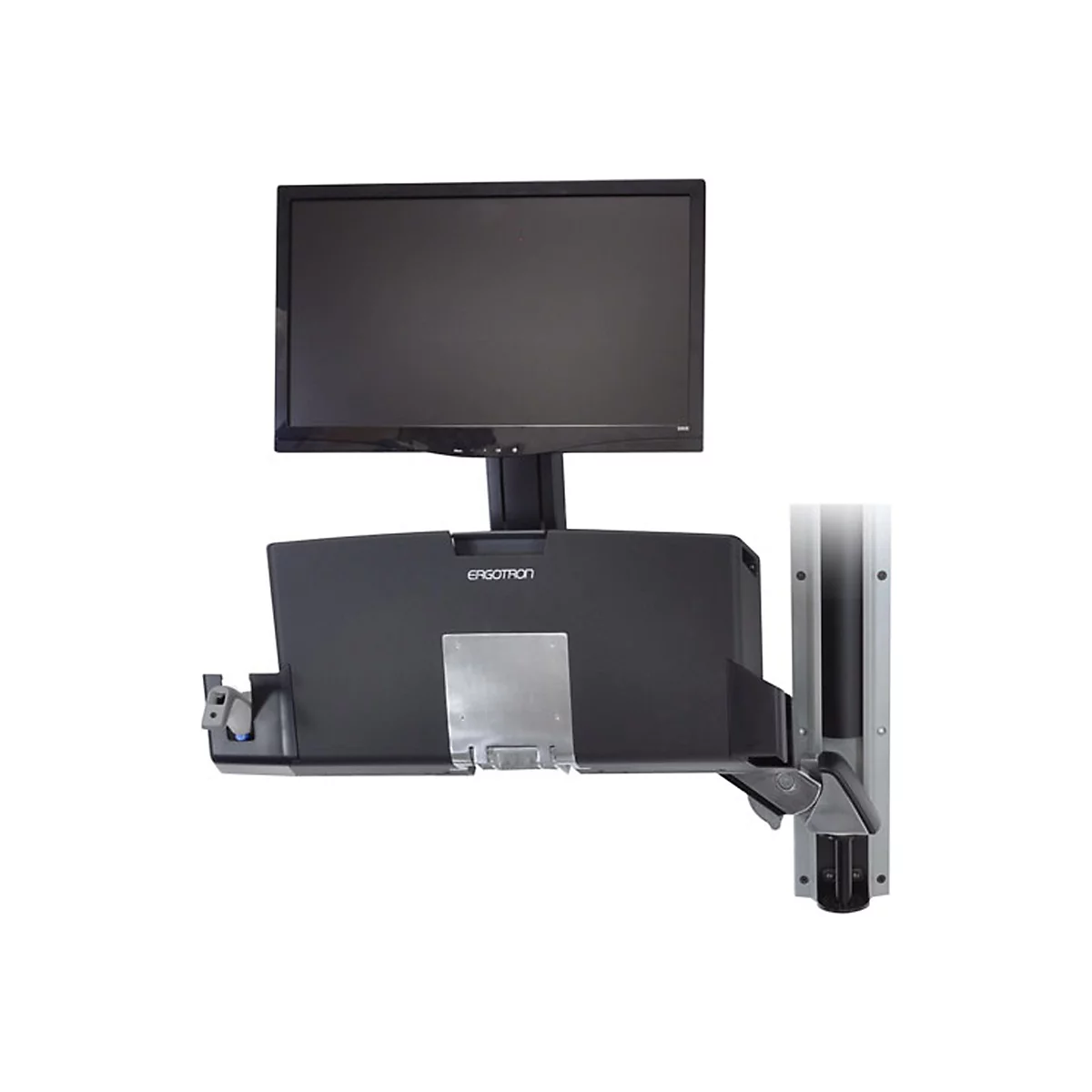 Ein schwarzer Monitor an einer Wandhalterung. Die Halterung hat den Schriftzug 'Ergotron'.