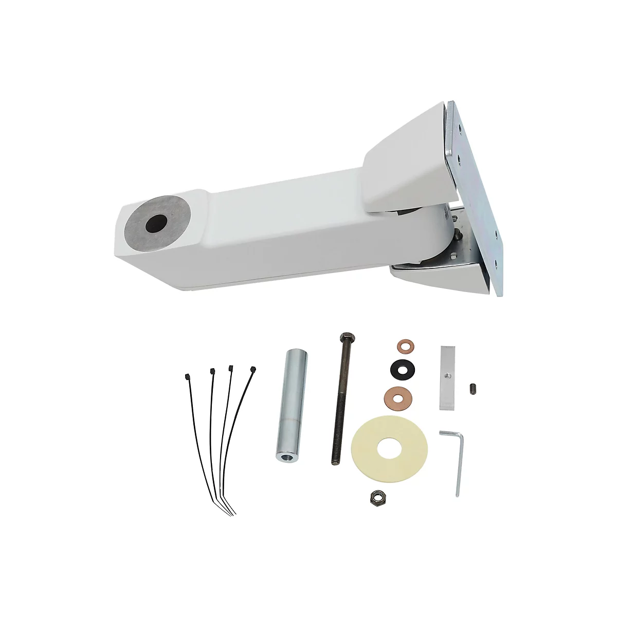 Halterung für einen Monitorarm mit Zubehörteilen wie Schrauben und Kabelbindern, vor weißem Hintergrund.