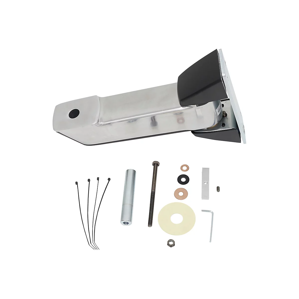 Detailaufnahme eines Metall-Türgriffs mit Zubehör, das auf weißem Hintergrund angeordnet ist.