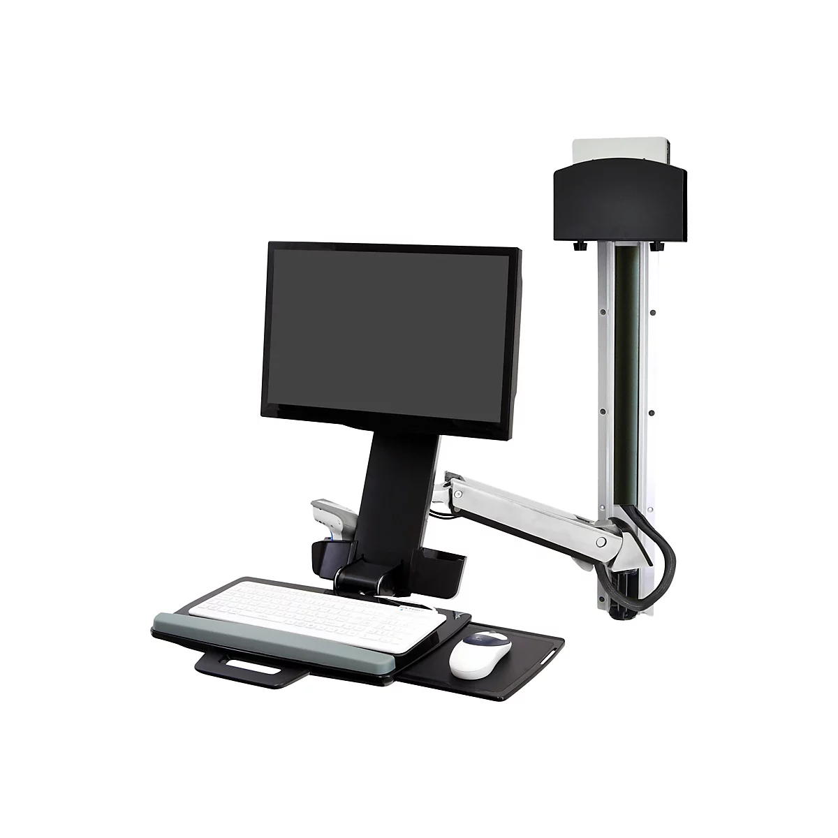 Ergotron Sit-Stand Combo System Mit CPU-Halter klein - Befestigungskit (CPU-Halter, 2 Schienenabdeckungen, 2 Kabelkanäle, Handgelenkkissen, einstellbarer Monitorarm, VESA-Halterung, Wandschiene 34', Montagesystem mit CPU-Halterung und Armen, Tasta...