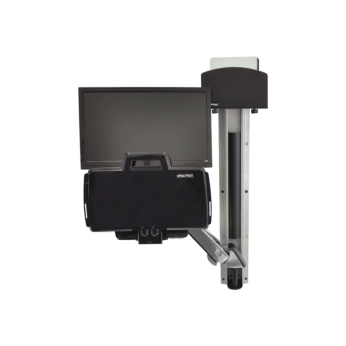 Ein schwarzer Monitor an einer Wandhalterung, an der auch ein Arm und eine Halterung für Zubehör befestigt sind. Der Bildschirm trägt den Schriftzug ERGOTRON.