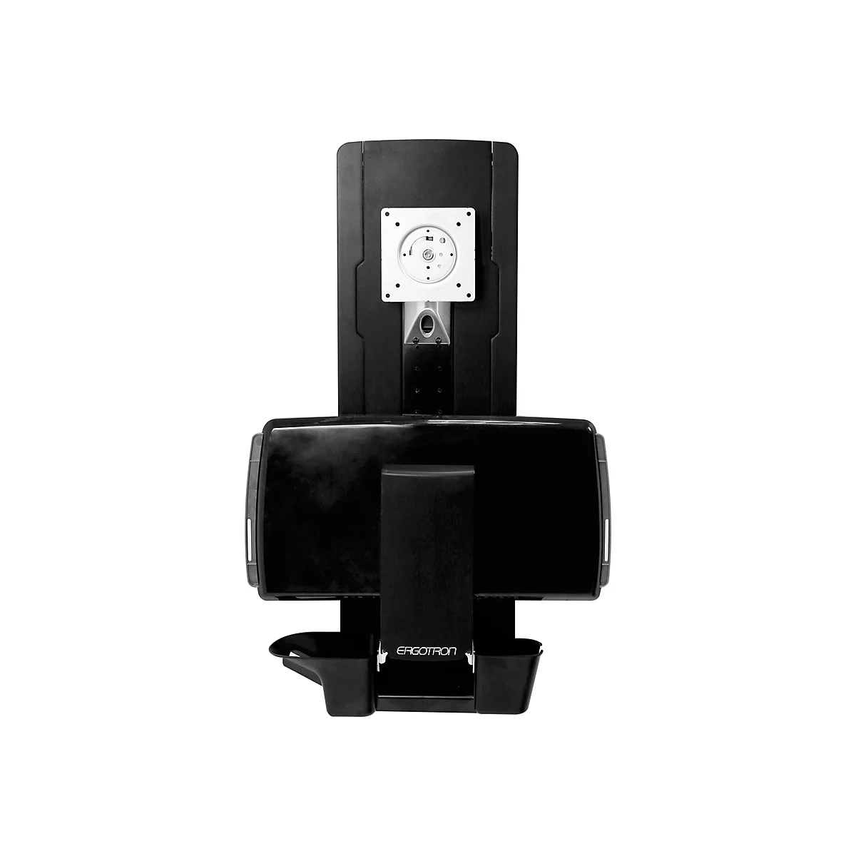 Schwarzer Monitorhalter vor weißem Hintergrund. Oben der VESA-Halter, darunter eine breite, flache Halterung, darunter eine Halterung mit dem Logo ERGOTRON.