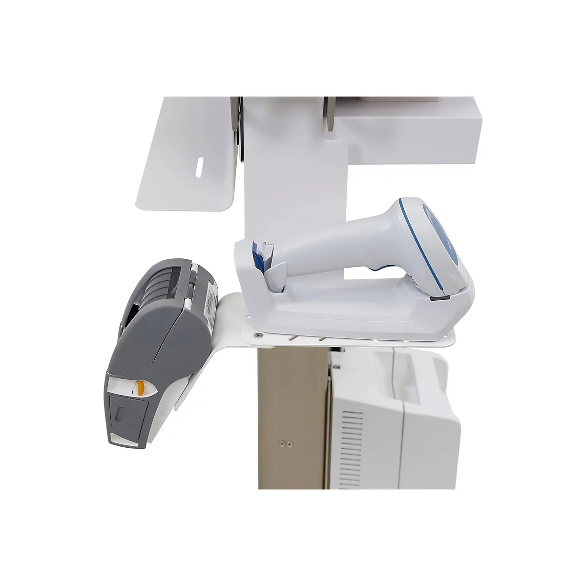 Detailaufnahme einer Kasse mit Barcode-Scanner und Drucker, alles weiß gehalten mit grauen Akzenten.