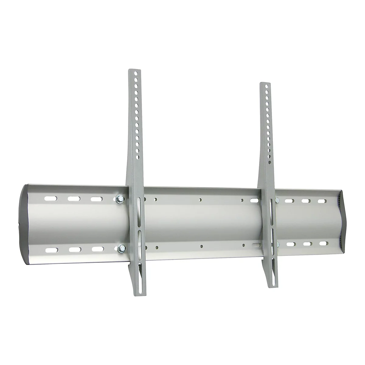 Graue TV-Halterung, isoliert auf weißem Hintergrund. Die Halterung hat zwei vertikale Träger mit Löchern, die mit einer horizontalen Halterung verbunden sind.