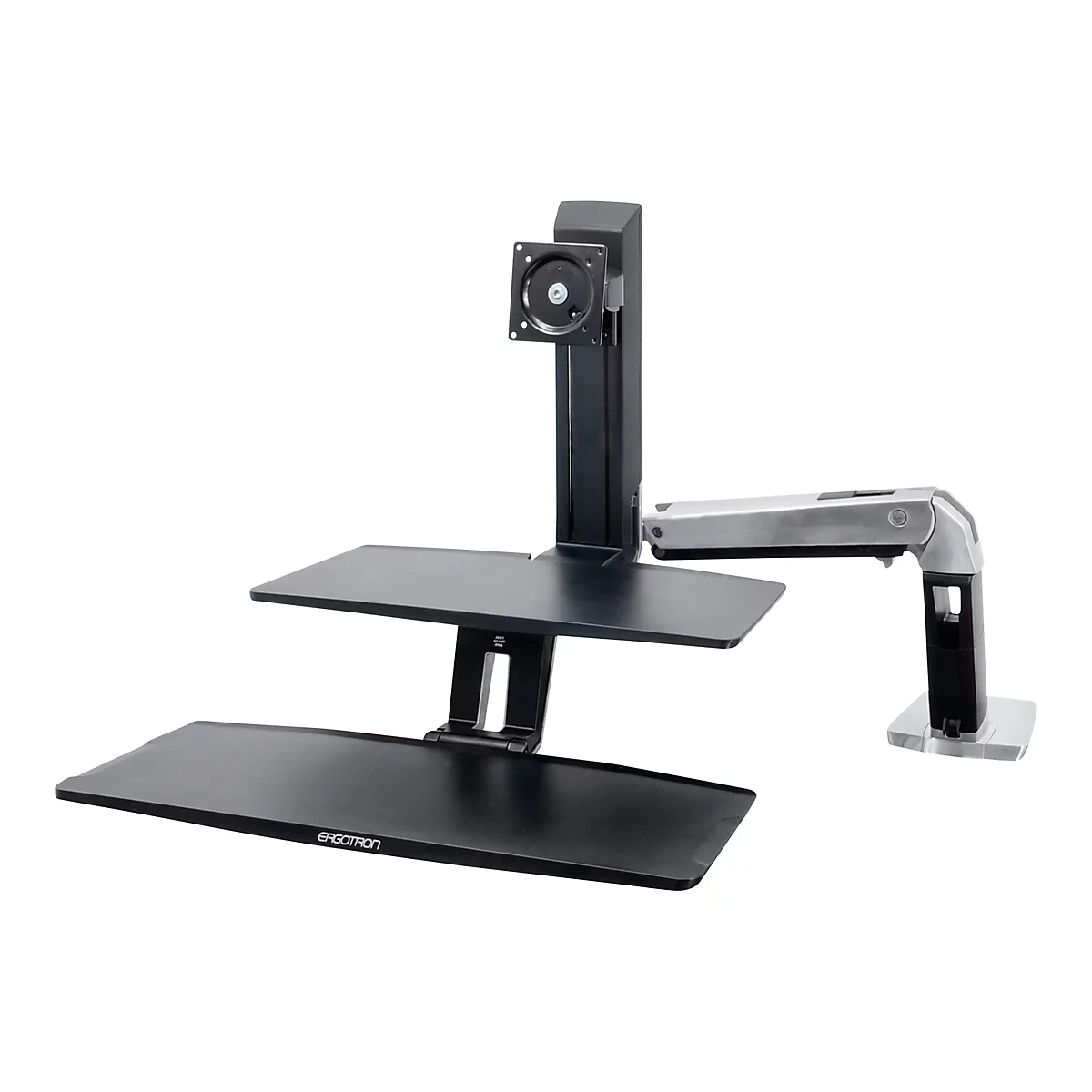 Schwarzer Ergotron-Monitorständer, zeigt einen Monitorhalter, zwei Ablagen und einen Arm.