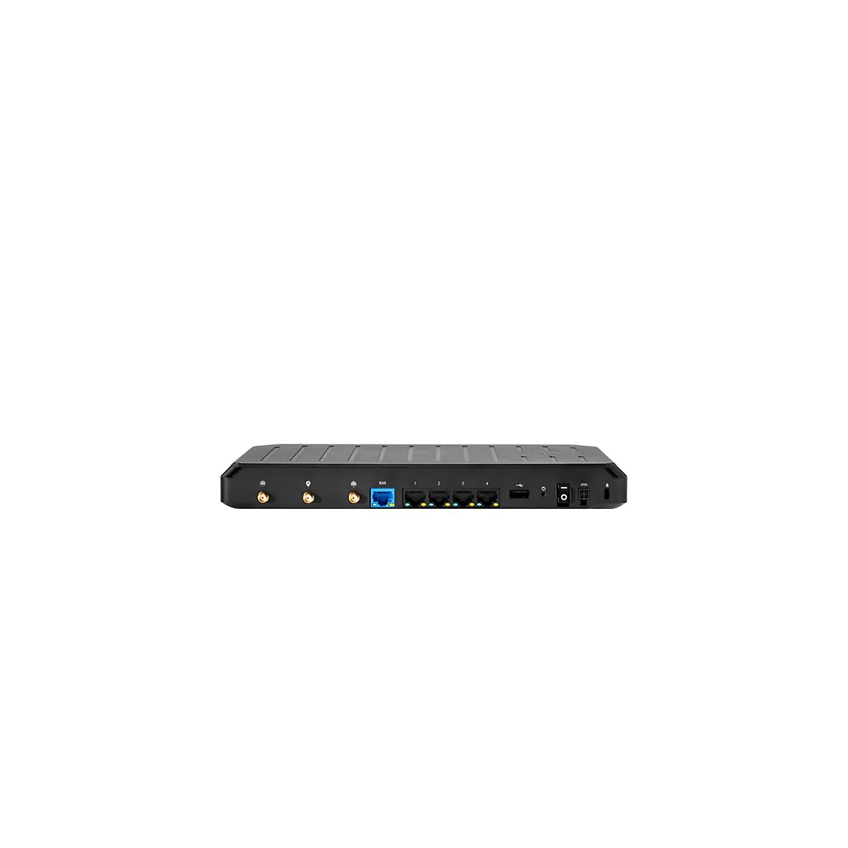 Schwarzer Router mit Anschlüssen und Antennen, vor weißem Hintergrund.